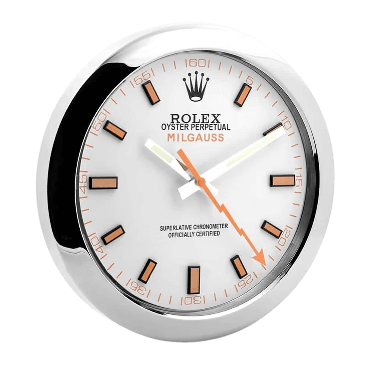 Horloge Murale Rolex Milgauss : Élégance Moderne Blanche et Orange