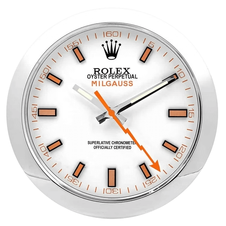 Horloge Murale Rolex Milgauss : Élégance Moderne Blanche et Orange