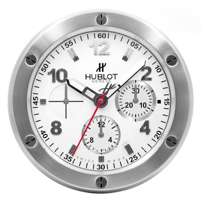 White Hublot Big Bang Wall Clock with Quartz Motion and Bright Indicators