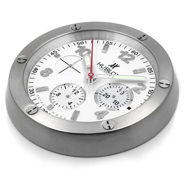 White Hublot Big Bang Wall Clock with Quartz Motion and Bright Indicators