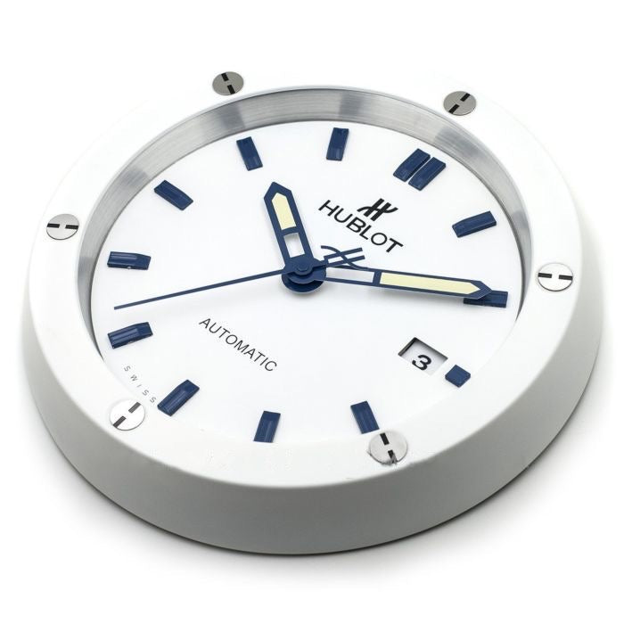 Hublot Classic Fusion White Wall Clock with Blue Indicators
