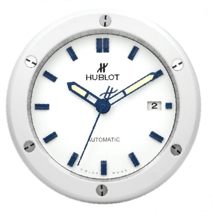Hublot Classic Fusion White Wall Clock with Blue Indicators